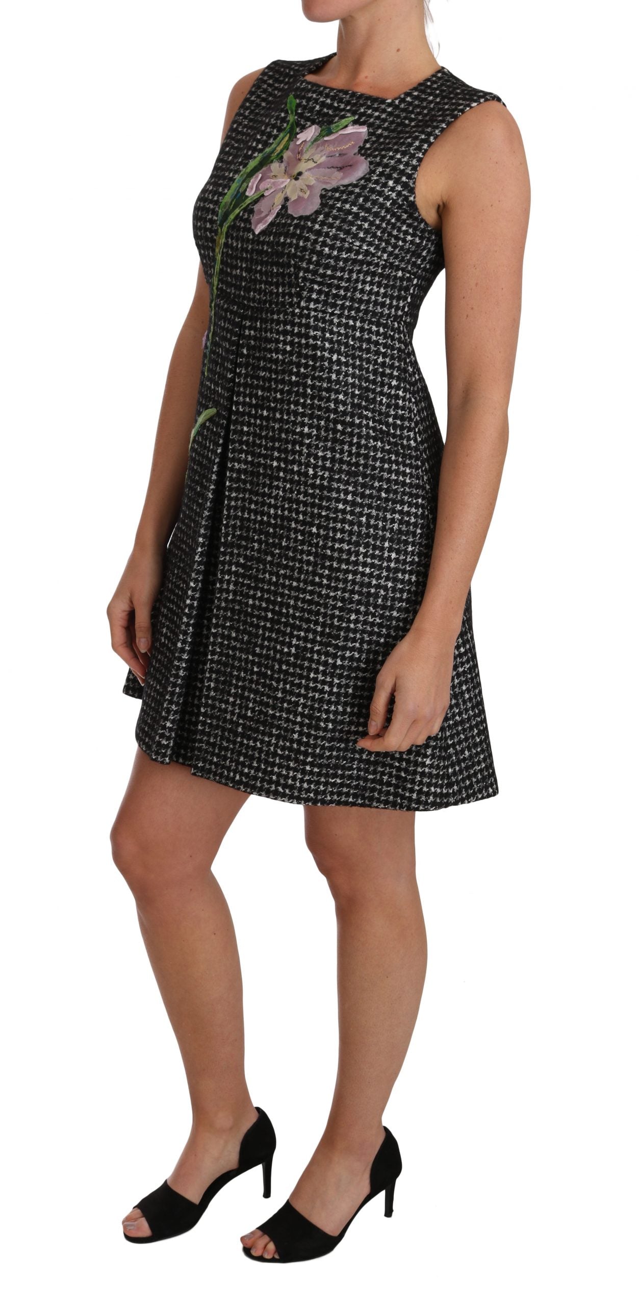 Elegante minivestido gris de corte A con tulipán morado