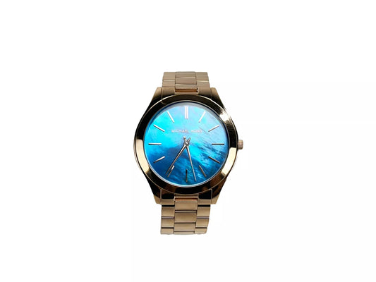 Reloj Slim Runway de acero inoxidable MK3494 azul océano dorado