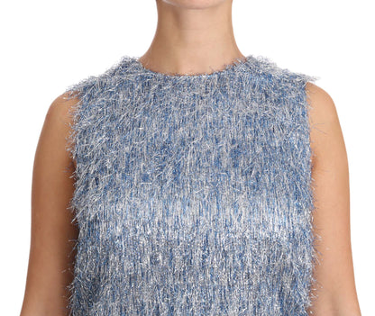 Elegante vestido recto azul claro con flecos