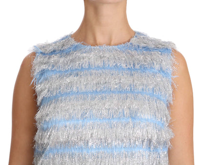 Elegante vestido recto azul claro con flecos