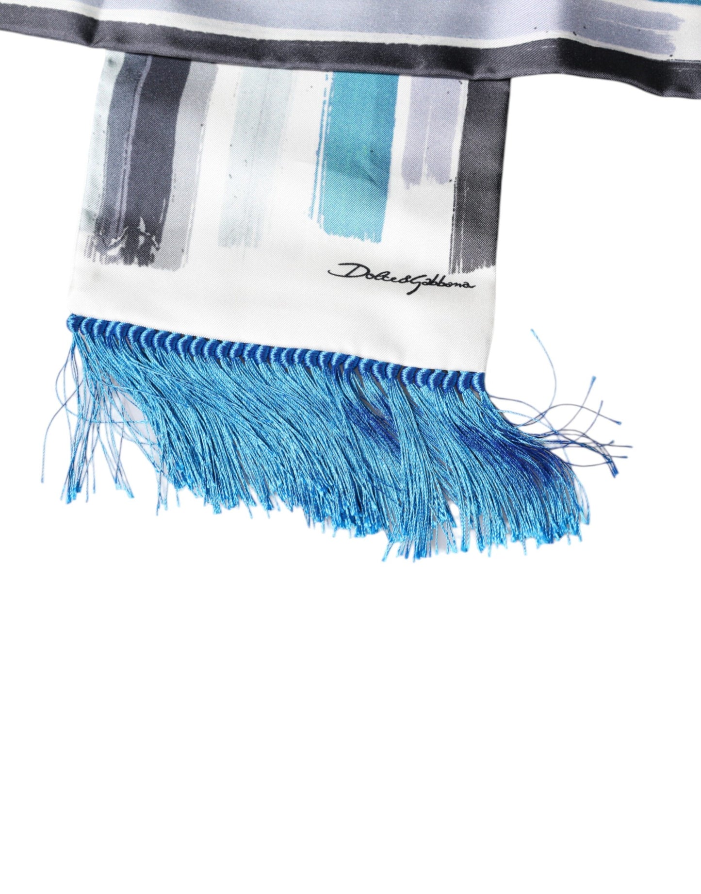 Bufanda de seda con flecos y rayas azules y blancas