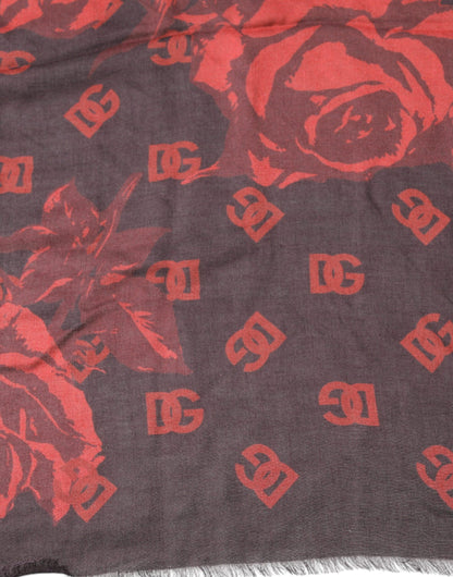 Bufanda chal modal con estampado floral negro y rojo
