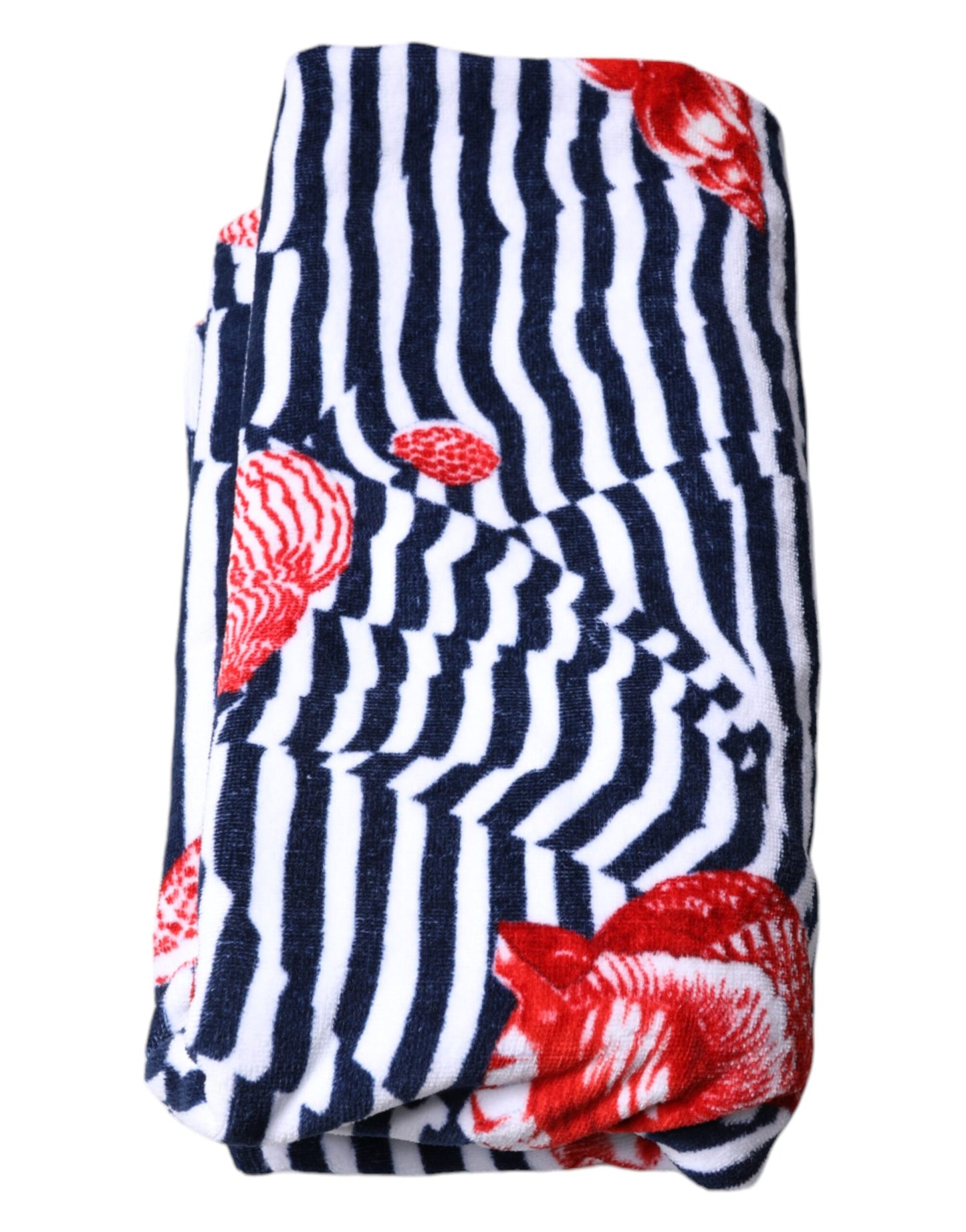 Toalla de playa con rayas multicolores y conchas marinas