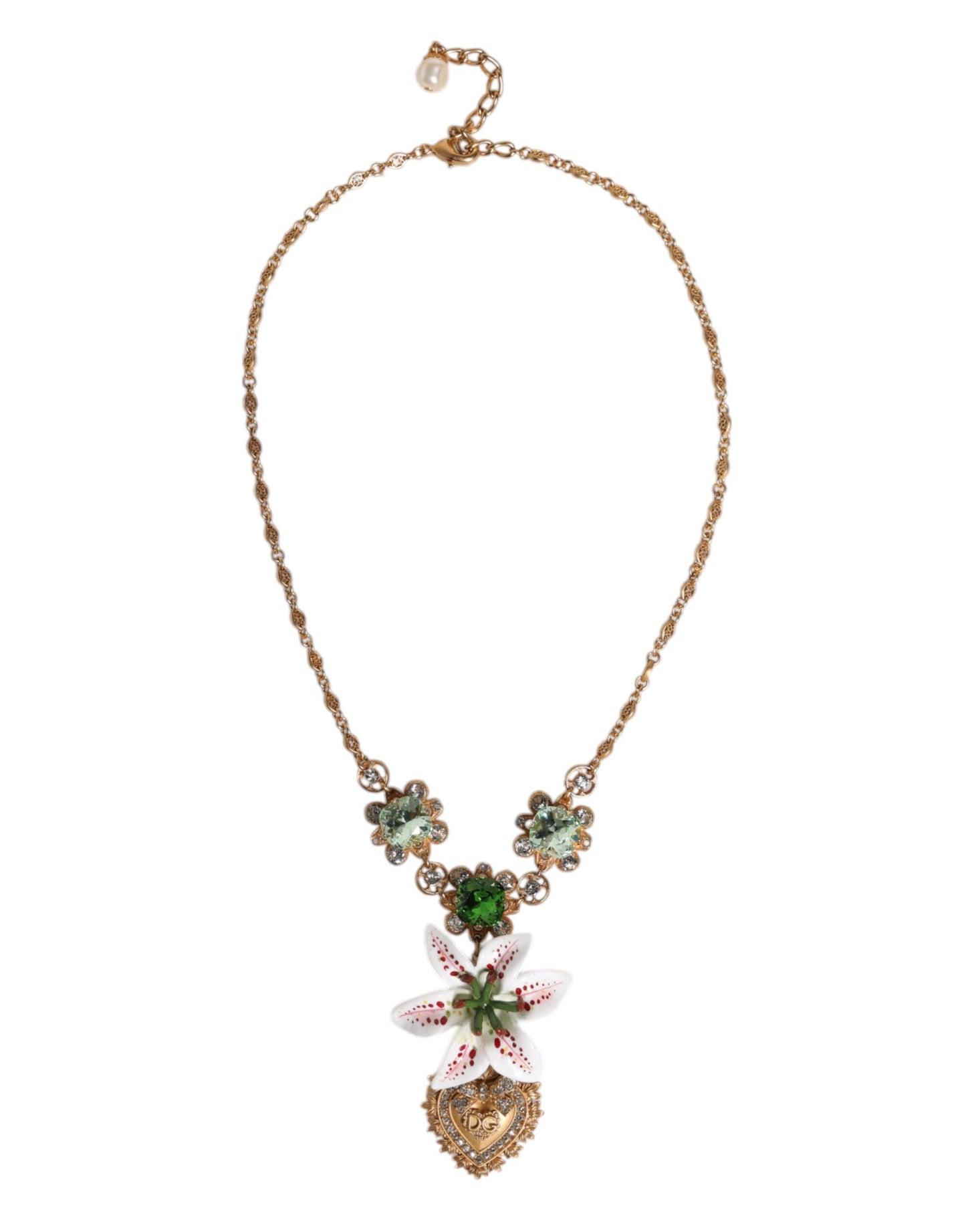 Collar con colgante de corazón sagrado de cristal de lirio de latón dorado