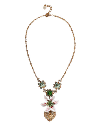 Collar con colgante de corazón sagrado de cristal de lirio de latón dorado