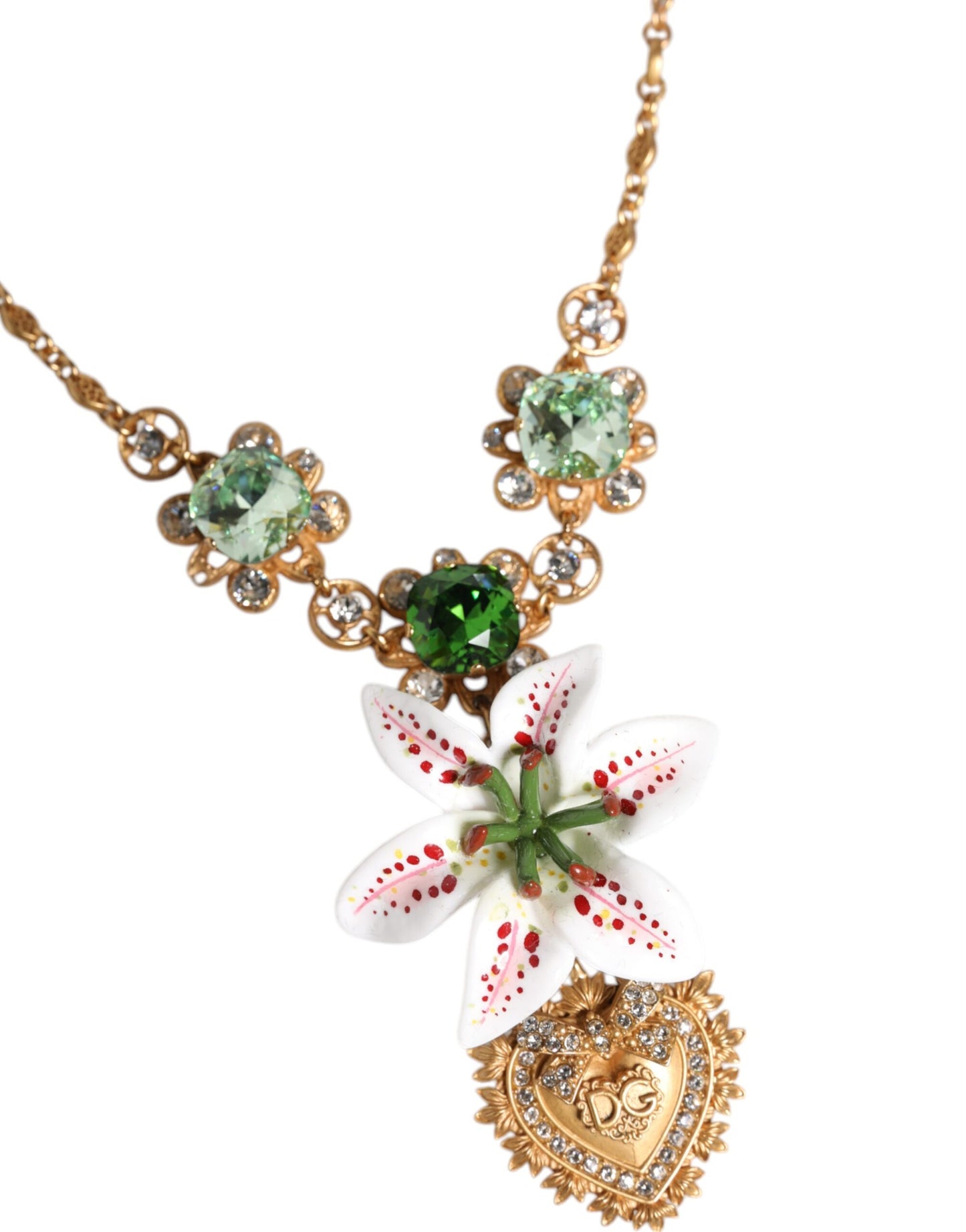 Collar con colgante de corazón sagrado de cristal de lirio de latón dorado