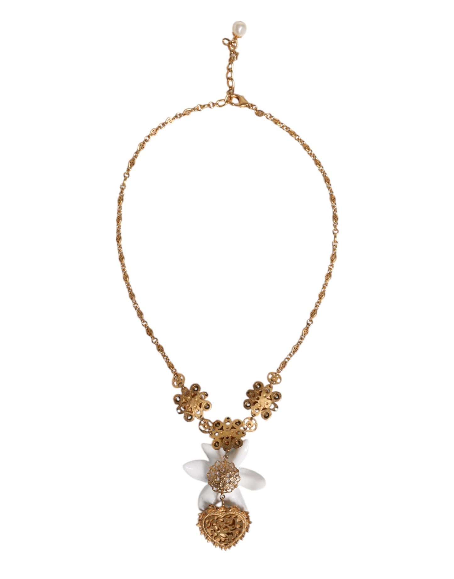 Collar con colgante de corazón sagrado de cristal de lirio de latón dorado