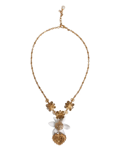 Collar con colgante de corazón sagrado de cristal de lirio de latón dorado
