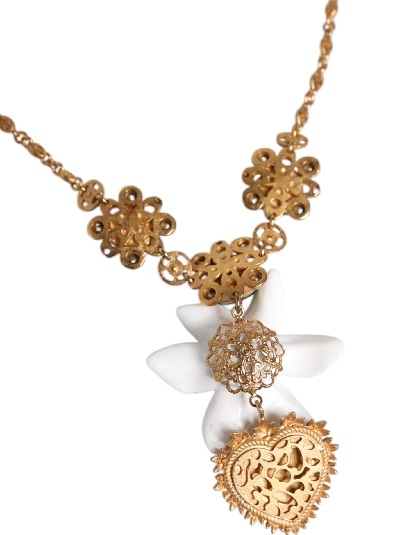 Collar con colgante de corazón sagrado de cristal de lirio de latón dorado