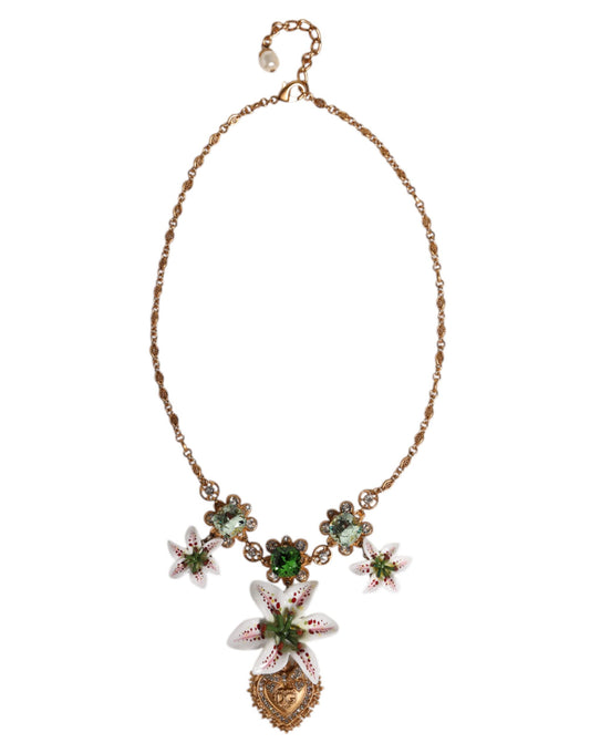 Collar con colgante de corazón sagrado de cristal de lirio de latón dorado