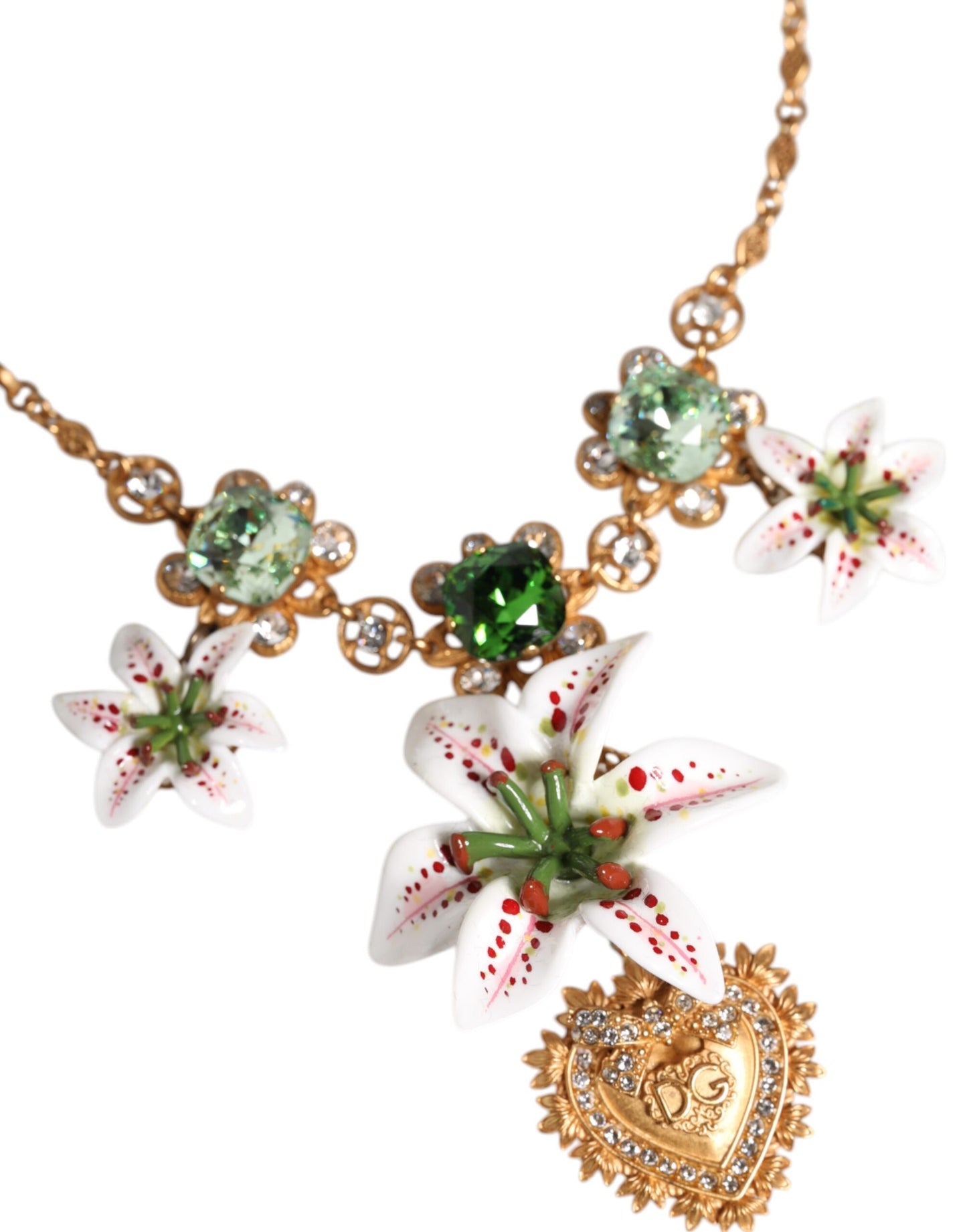 Collar con colgante de corazón sagrado de cristal de lirio de latón dorado
