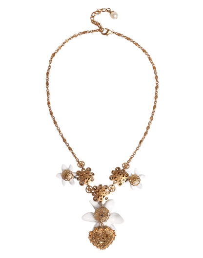 Collar con colgante de corazón sagrado de cristal de lirio de latón dorado