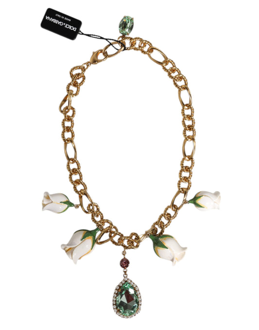 Collar con colgante de flor de cristal y cadena corta de latón dorado