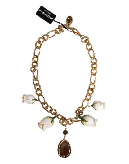 Collar con colgante de flor de cristal y cadena corta de latón dorado