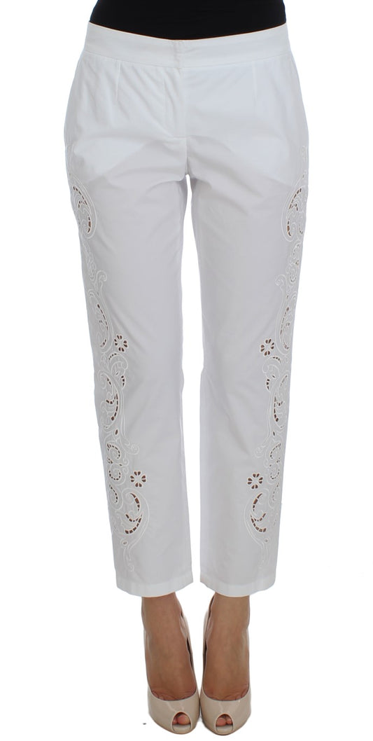 Elegante pantalón de vestir blanco con recortes florales