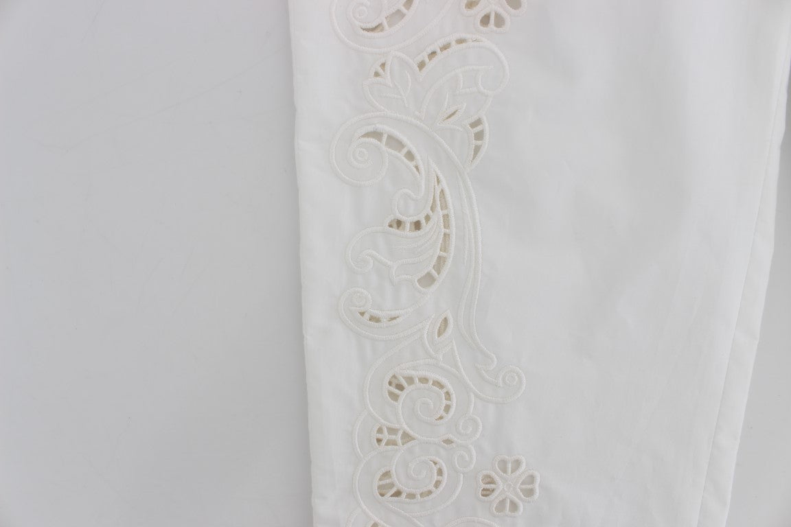 Elegante pantalón de vestir blanco con recortes florales
