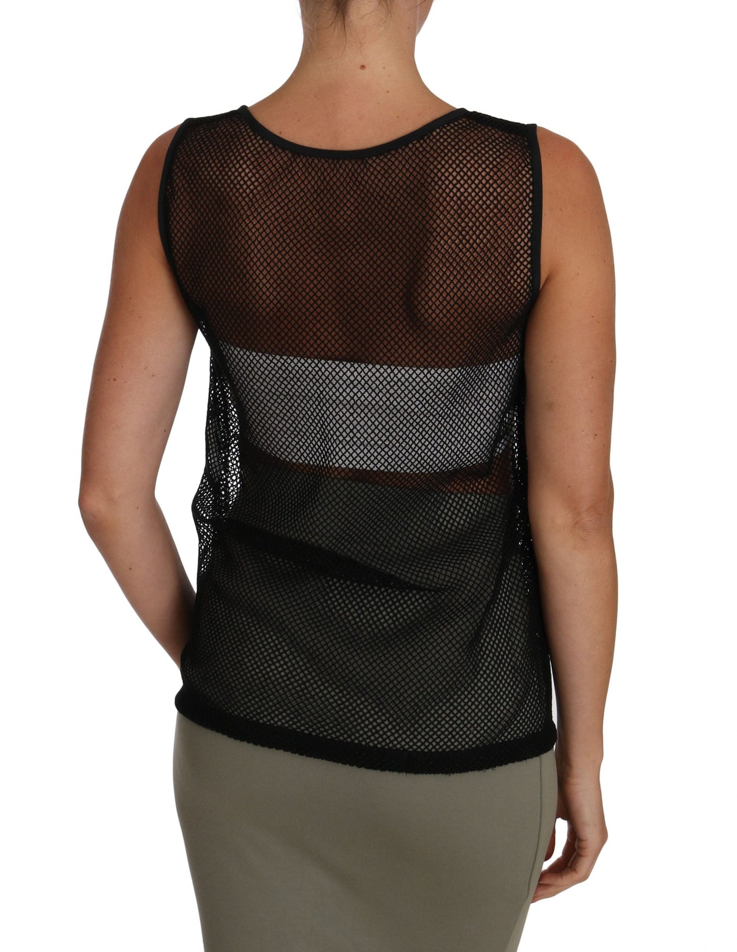 Elegante blusa sin mangas de malla negra