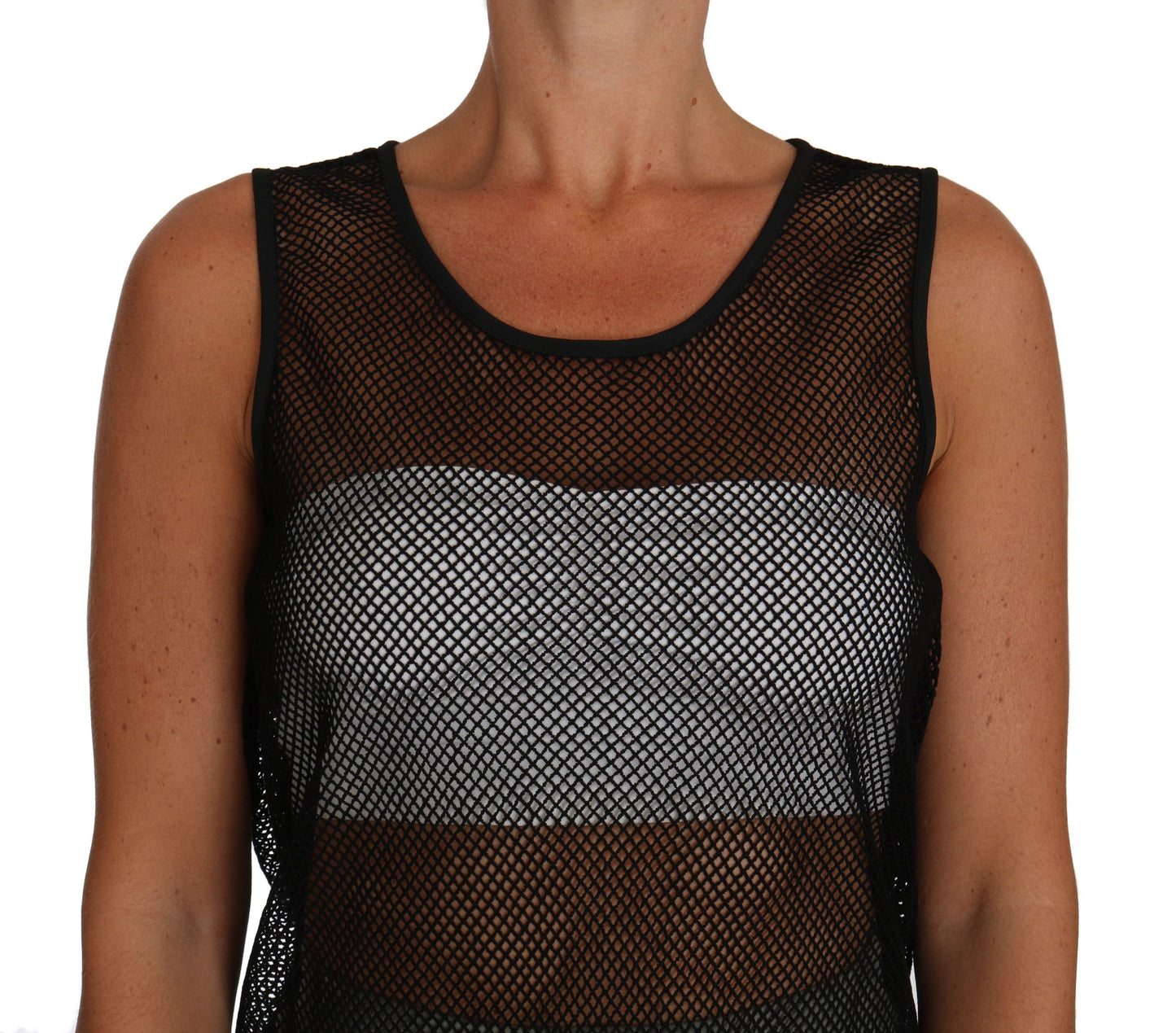 Elegante blusa sin mangas de malla negra