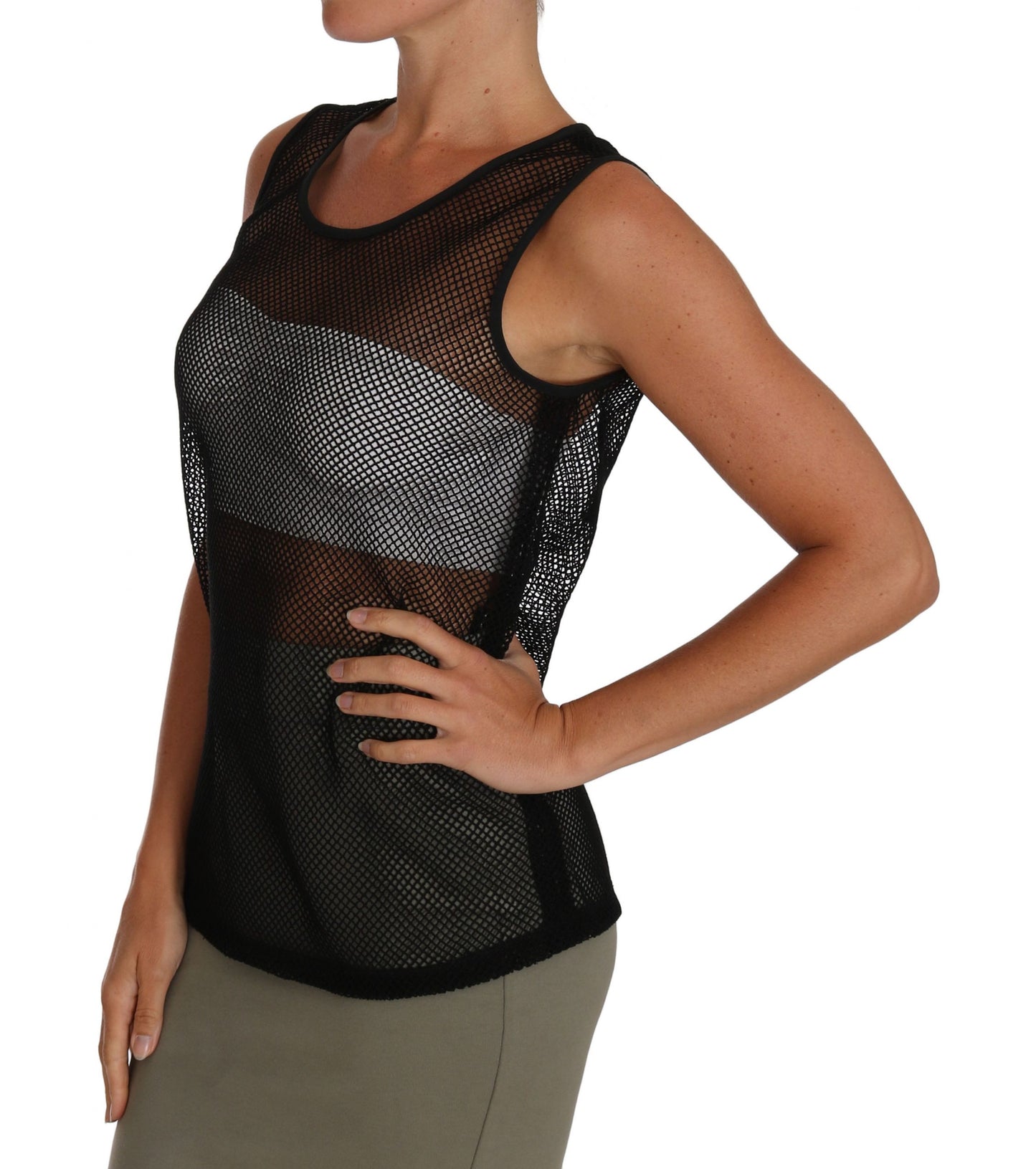 Elegante blusa sin mangas de malla negra