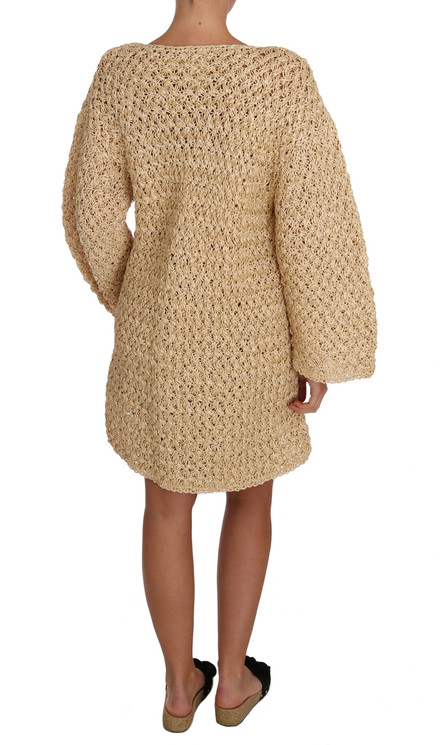 Cárdigan elegante de rafia de punto a crochet en color beige