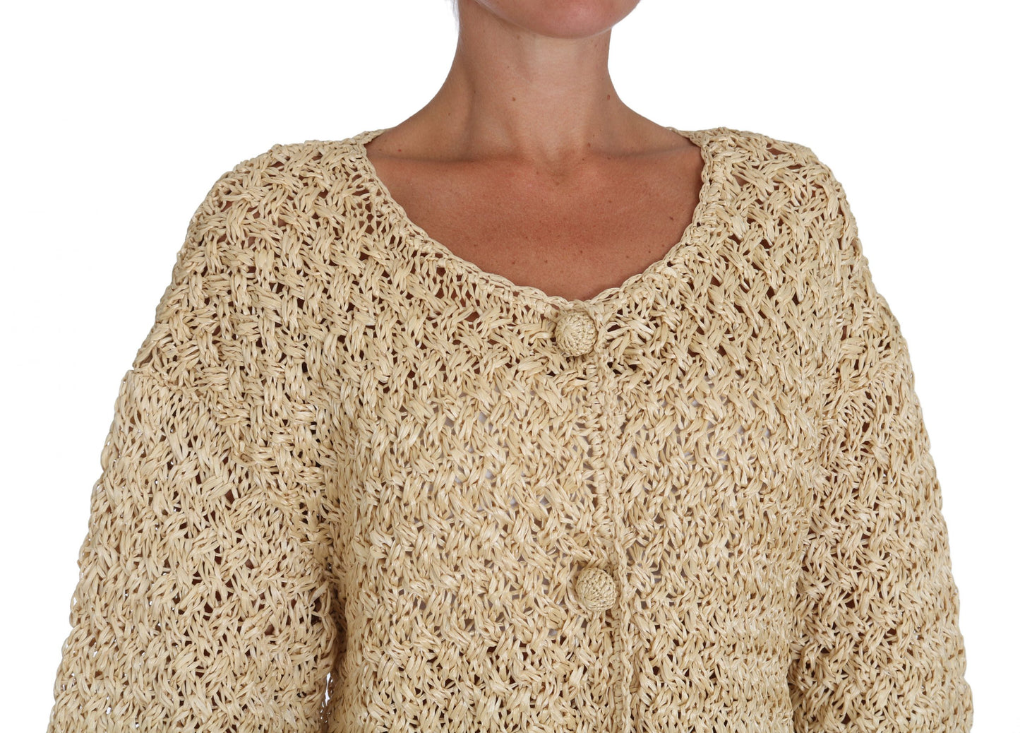 Cárdigan elegante de rafia de punto a crochet en color beige