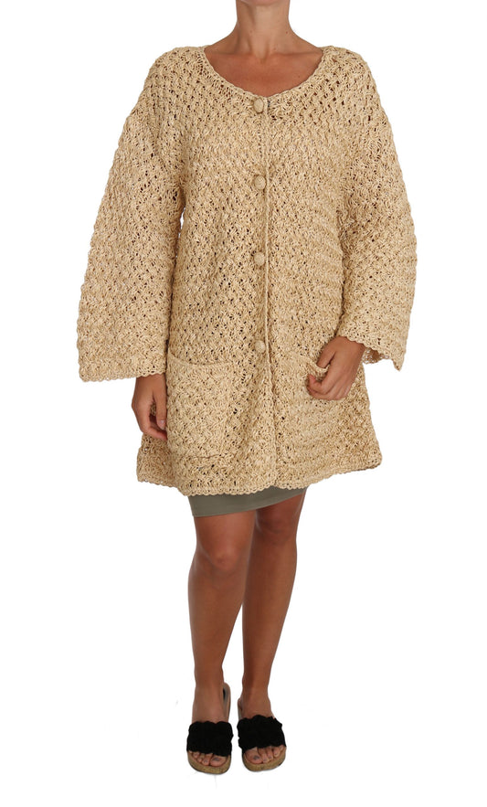 Cárdigan elegante de rafia de punto a crochet en color beige