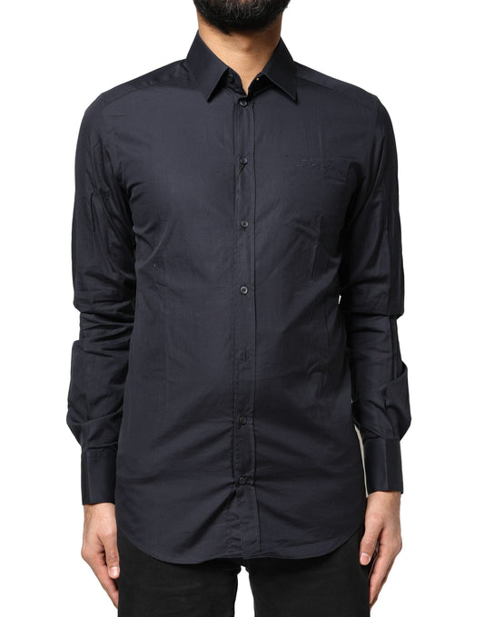 Camisa de vestir de manga larga de algodón azul oscuro dorado
