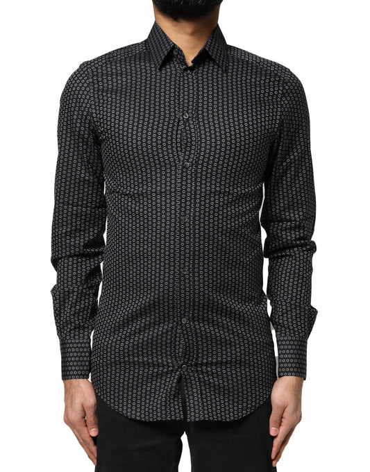 Camisa de vestir de algodón con estampado dorado negro para hombre