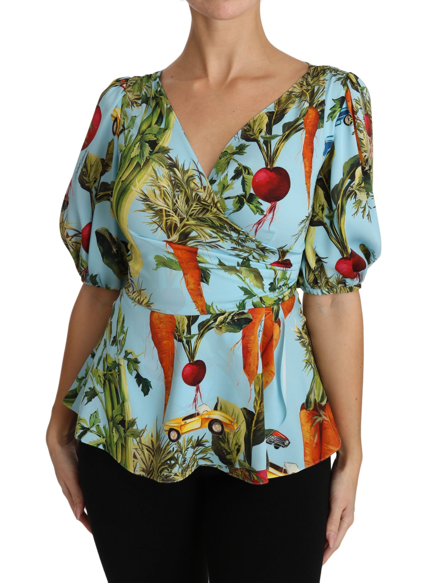 Extravagancia de top de seda con estampado vegetal