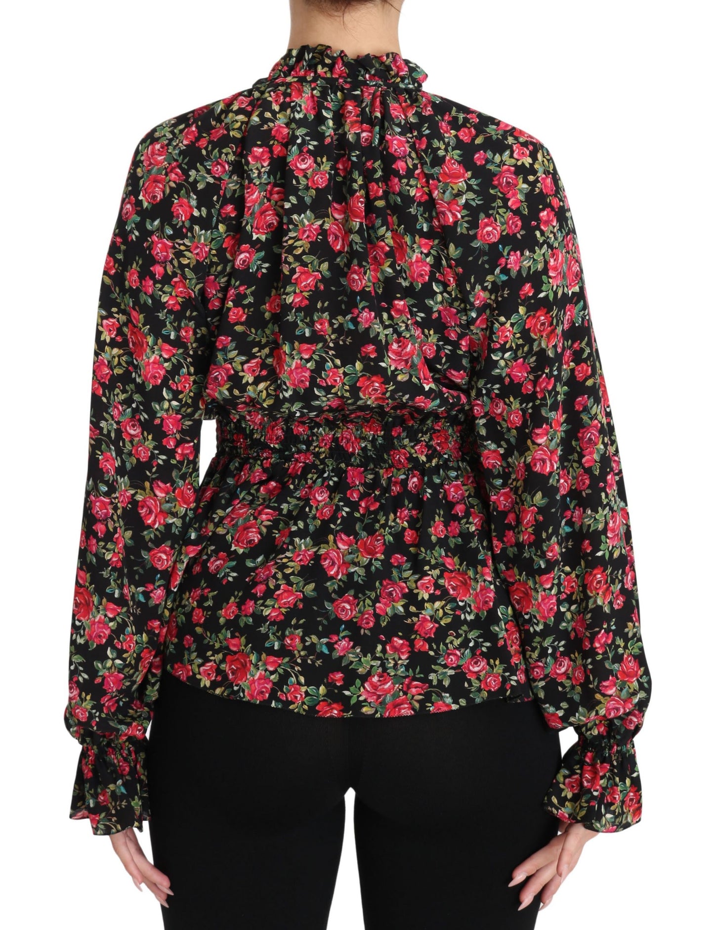 Camisa elegante de seda floral negra