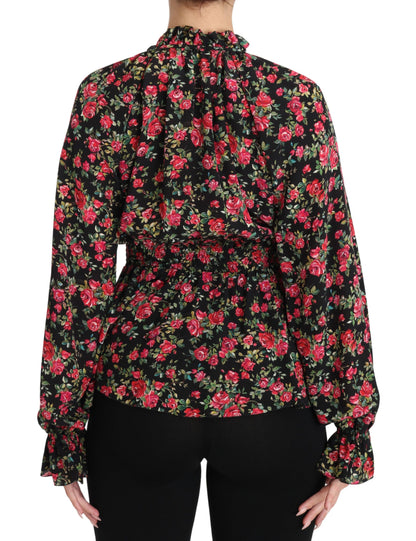 Camisa elegante de seda floral negra