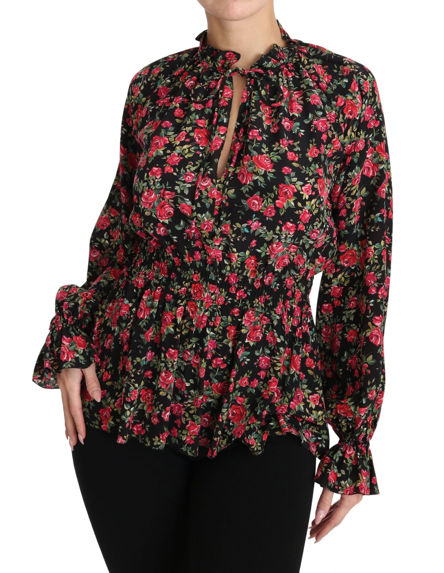 Camisa elegante de seda floral negra