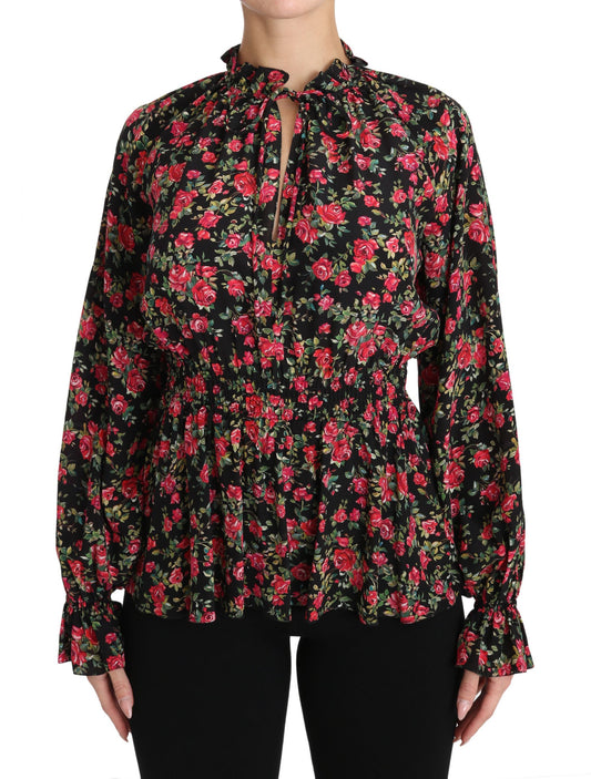 Camisa elegante de seda floral negra