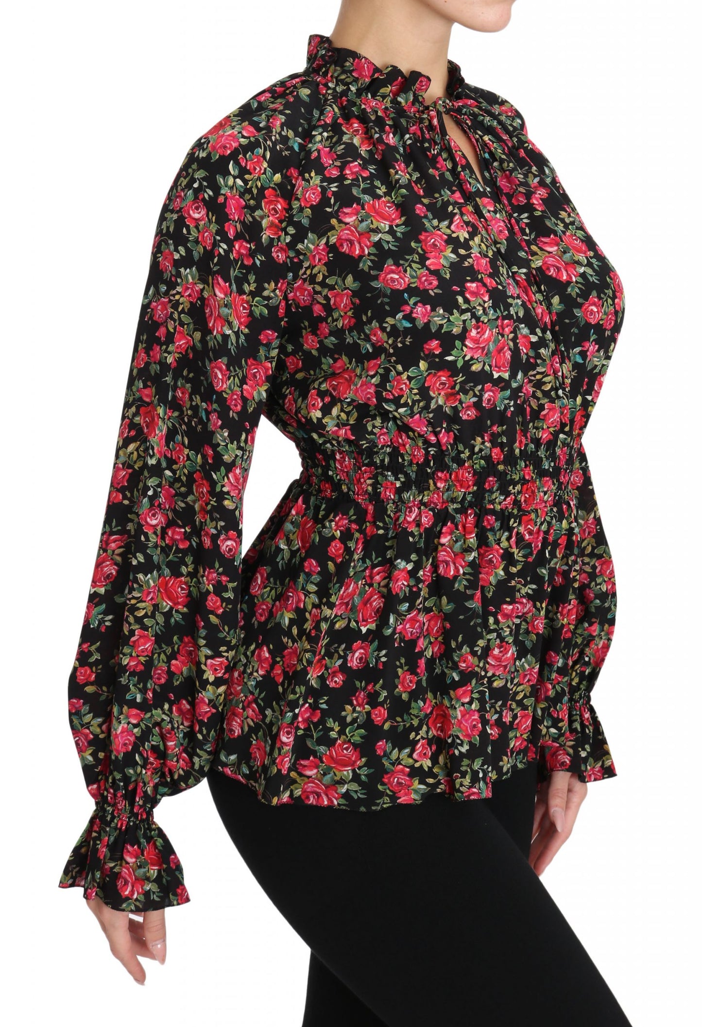 Camisa elegante de seda floral negra