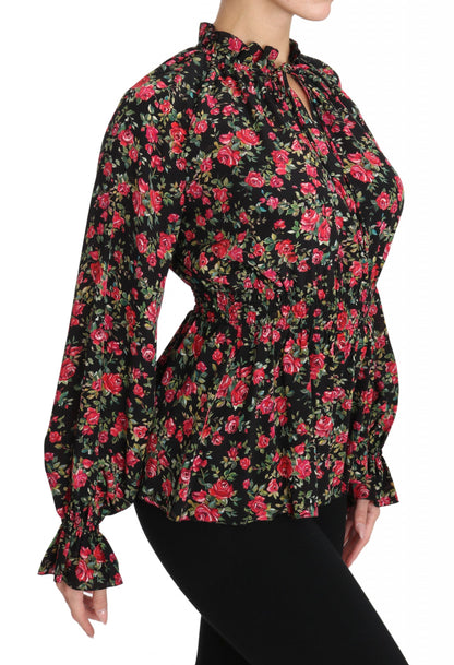 Camisa elegante de seda floral negra