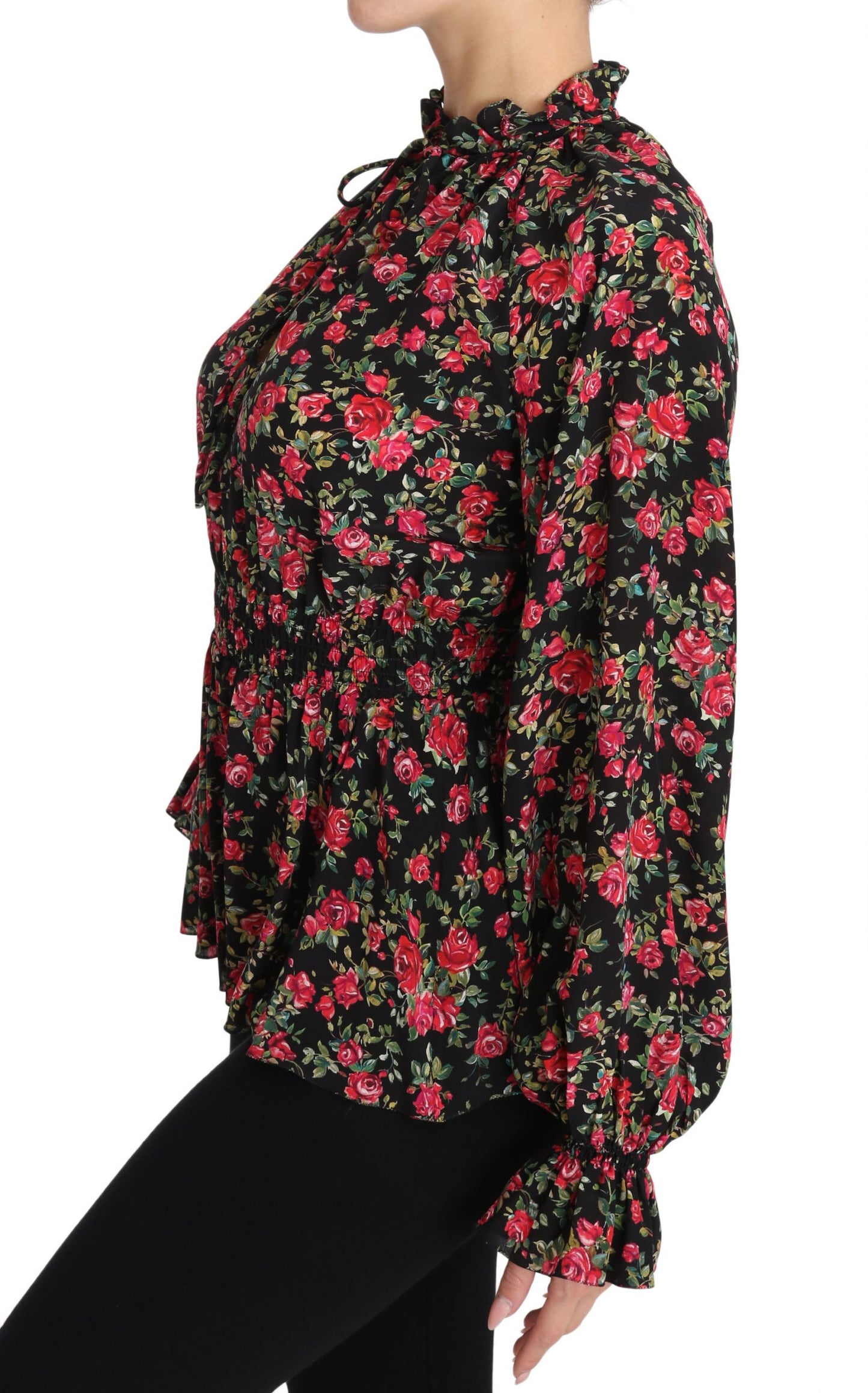 Camisa elegante de seda floral negra