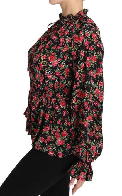 Camisa elegante de seda floral negra
