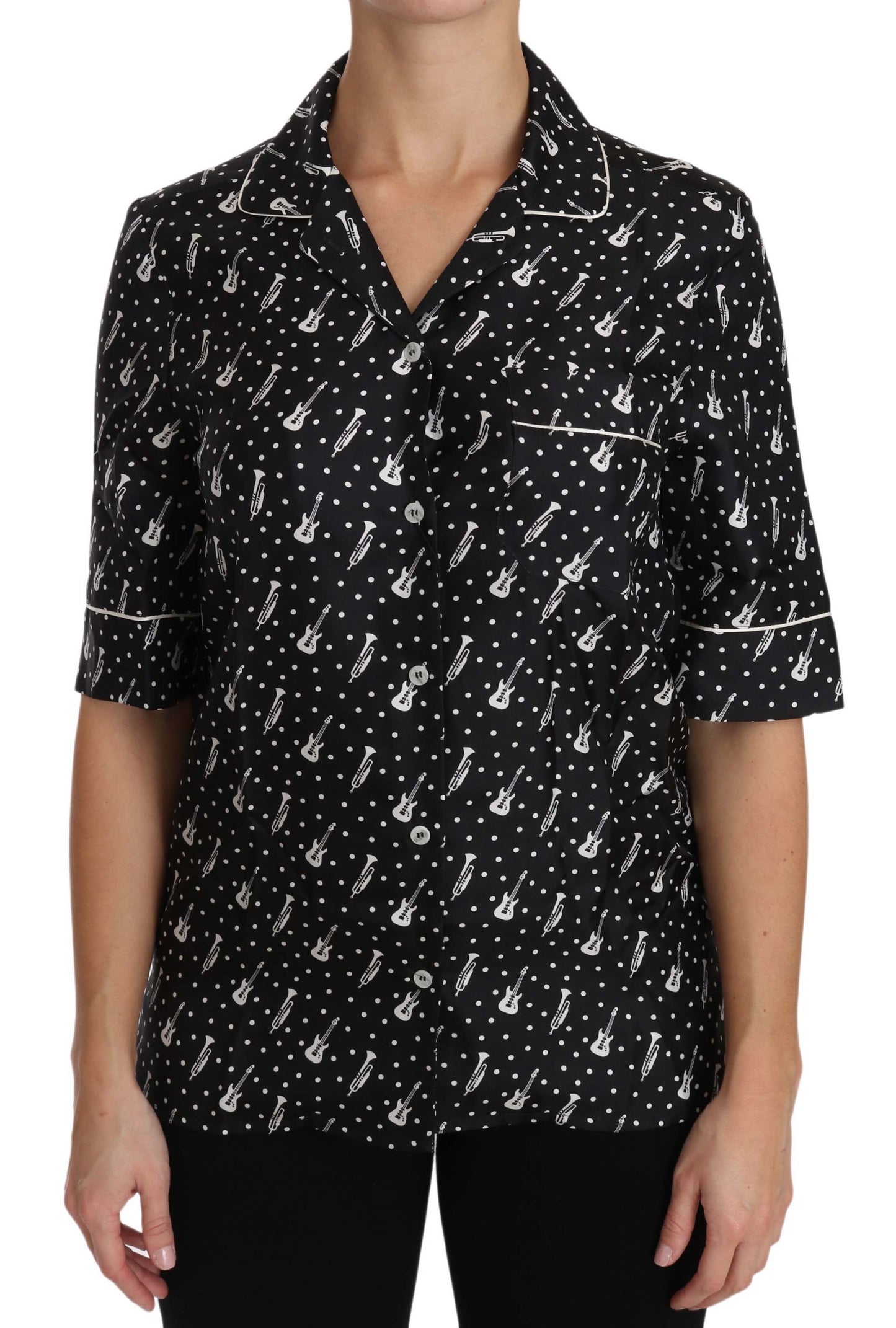 Polo de seda con estampado de trompeta y guitarra
