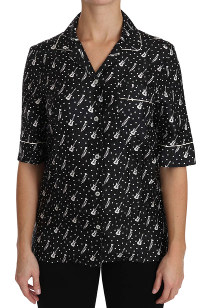 Polo de seda con estampado de trompeta y guitarra