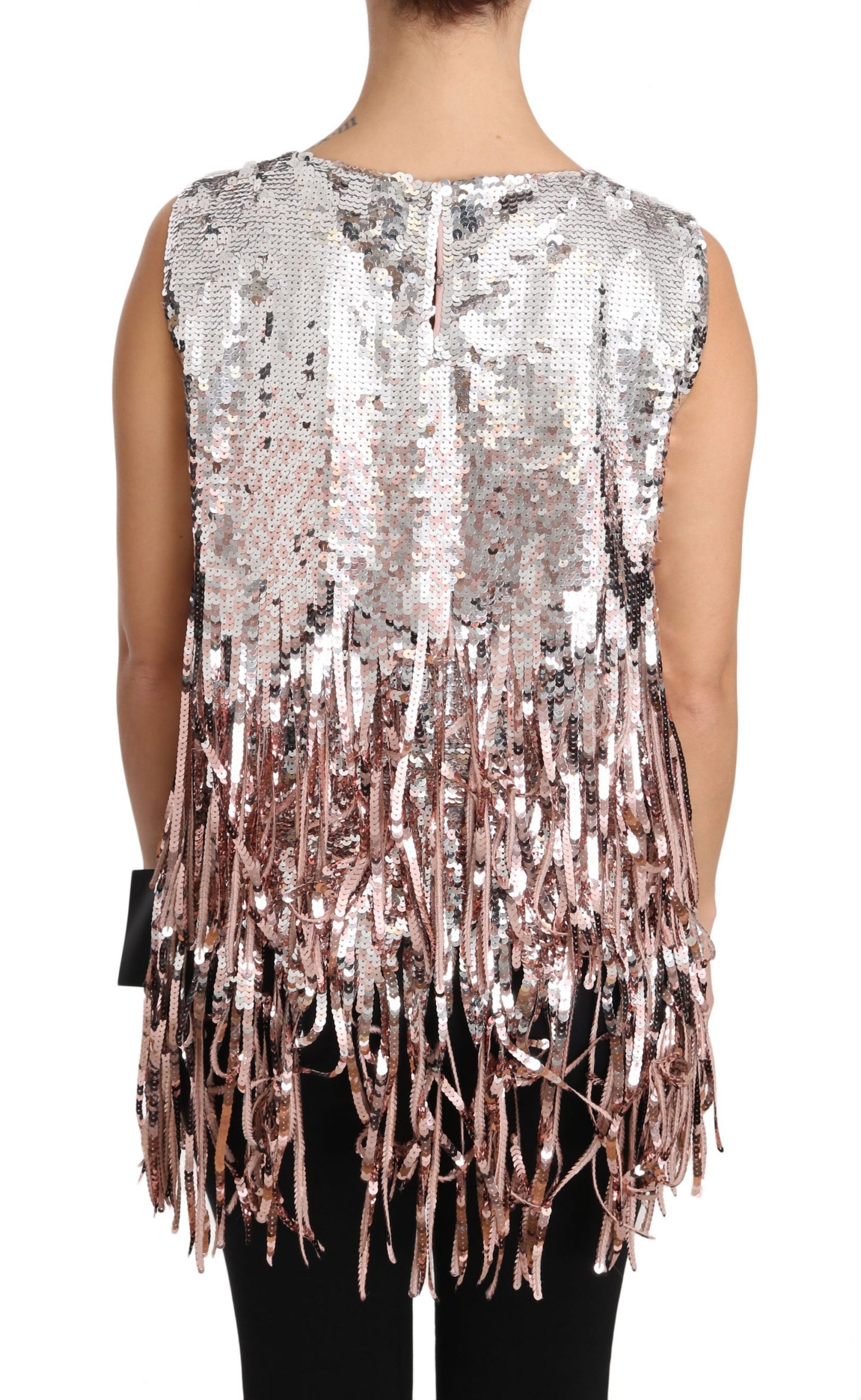 Top elegante con flecos y lentejuelas rosa dorado