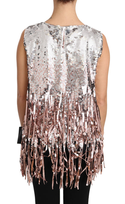 Top elegante con flecos y lentejuelas rosa dorado