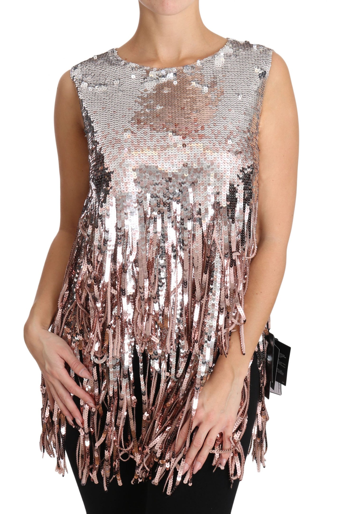 Top elegante con flecos y lentejuelas rosa dorado