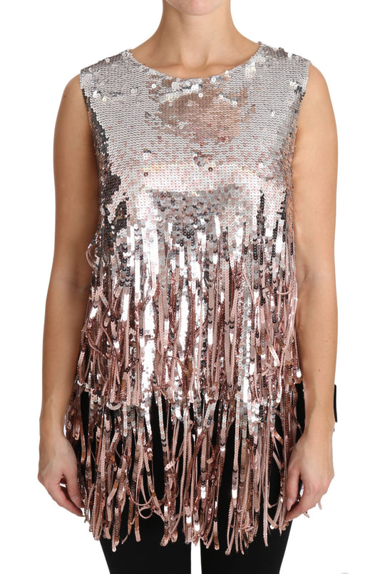 Top elegante con flecos y lentejuelas rosa dorado