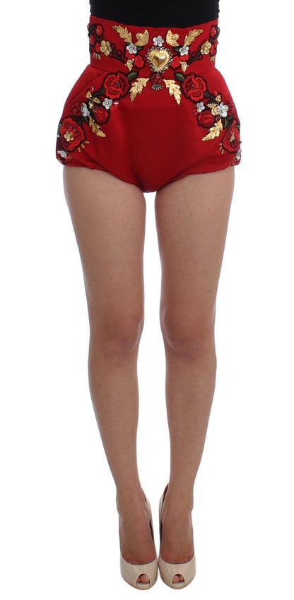 Shorts de cintura alta de seda roja con cristales