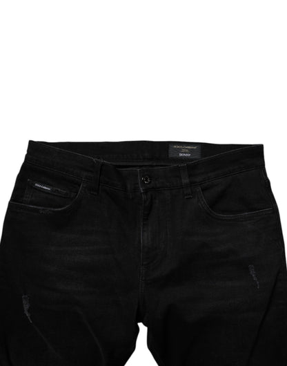 Black Cotton Tattered Skinny Men Denim Jeans