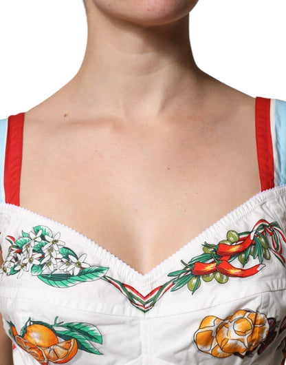 White Vegetable Print Sweetheart Cropped Top