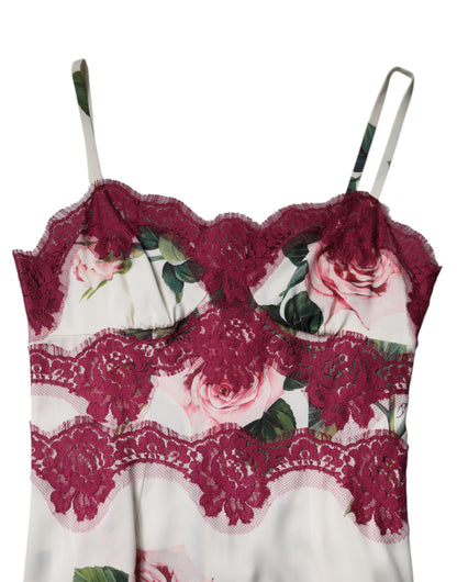 White Rose Print Satin Lace Tank Top Lingerie