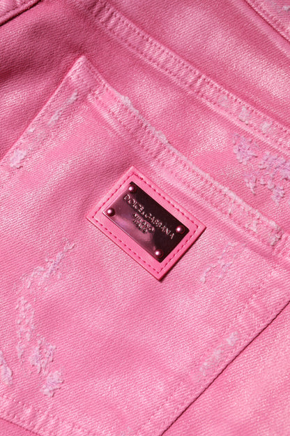 Pink Tattered Mid Waist Tapered Denim Jeans