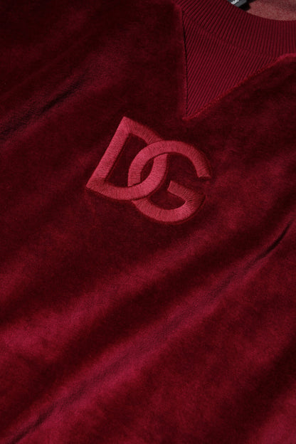 Red Cotton Velvet Crew Neck Pullover Sweater
