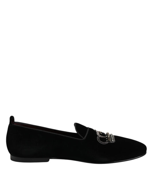 Black Velvet Crystal Crown Loafers Dress Shoes